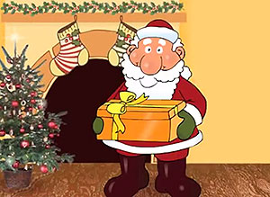 Tarjeta de Navidad para compartir. Pap Noel entrega tu regalo en mano